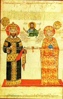 Example of the use of the double-headed eagle on imperial vestments, from a chrysobull of Alexios III of Trebizond, mid-14th century.