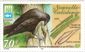 This New Caledonian postage stamp depicts a crow using a simple stick tool.