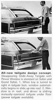 GM promotional image for the 1971 Pontiac Safari station wagon discusses and shows the workings of GM's innovative "clamshell" tailgate found on all of their full-size station wagons from 1971 to 1976.