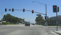 A typical example of how traffic lights are mounted in California.