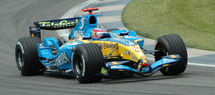 Fernando Alonso qualifying for the 2005 US GP in a Renault. Both driver and team are reigning World Champions in their respective categories for the 2006 Formula One season.