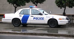 Ford Crown Victoria police car of the United States Federal Protective Service.  Most North American police forces use the Crown Victoria.