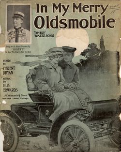 In My Merry Oldsmobile songbook featuring an Oldsmobile Curved Dash automobile and period driving clothing