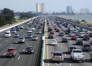 Interstate 80 is a freeway with many lanes and heavy traffic.