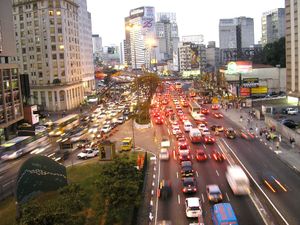 Prestes Maia Expressway, in So Paulo, Brazil, near rush hour, already showing some considerable traffic density.