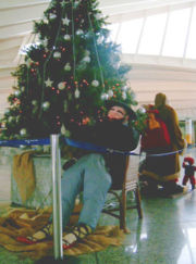 Olentzero alongside other Christmas symbols in the Bilbao-Loiu airport, in Biscay, Spain