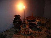 Cristmas Eve supper. Only compote, kutia, borscht, herring, varenyky and salt are shown.