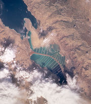 Jordanian and Israeli salt evaporation ponds at the south end of the Dead Sea