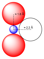 Diagram of a uranyl ion. The formation of two short U-O bonds in the uranyl ion prevents the closer approach of a third oxygen atom.