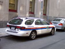 A Ford Taurus "fueled by clean burning ethanol" (New York City, New York, U.S.).