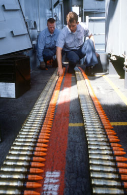 1987 photo of Mark 149 Mod 2 20mm depleted uranium ammunition for the Phalanx CIWS aboard USS Missouri (BB-63).