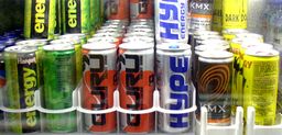 A variety of energy drinks are available; the skinny "bullet" can shape is popular.