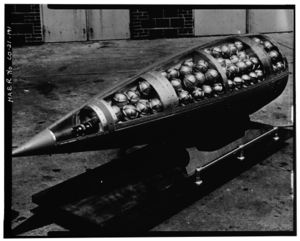 U.S. Honest John missile warhead cutaway, showing M139 Sarin bomblets (photo circa 1960)