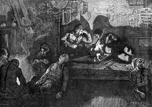 Depiction of opium smokers in an "opium den" in the East End of London, 1874.