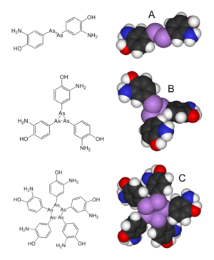 The structure of arsphenamine was believed to be A until 2005, when new research suggested the true structure was in fact a mixture of the trimer B and the pentamer C