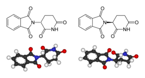 The two enantiomers of thalidomide:Left: (R)-thalidomideRight: (S)-thalidomide