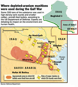 Approximate area and major clashes in which DU bullets and rounds were used in the Gulf War 