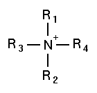 Quaternary ammonium cation. Any or all of the R groups may be the same or different alkyl groups. Also, any of the R groups may be connected.