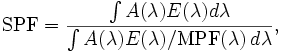 \mathrm{SPF} = \frac{\int A(\lambda) E(\lambda)d\lambda}{\int A(\lambda) E(\lambda)/\mathrm{MPF}(\lambda) \, d\lambda},