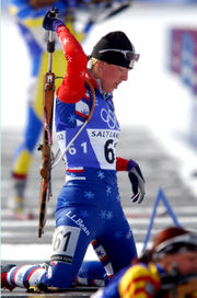 Andrea Nahrgang prepares to shoot from the prone position at the 2002 Winter Olympics.