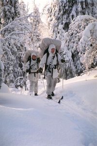 Finnish soldiers on skis. Like most of the other Fennoscandinavian armies, virtually every infantry soldier is given ski training in the Finnish army.