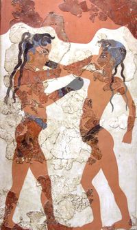 Youths boxing in a Minoan fresco on the Greek island of Santorini