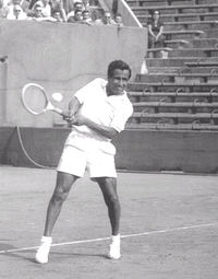 Pancho Segura hitting his famous two-handed forehand