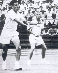 Ken Rosewall and Lew Hoad in a 1952 Davis Cup doubles match