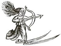 A skiing Lappish woman or a goddess. Olaus Magnus