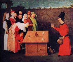 "The Conjurer" by Hieronymus Bosch. The painting accurately displays a performer doing the cups and balls routine, which has been practiced since Egyptian times.  The shell game does have some origins in this old trick. The real trick of this painting is the pickpocket who is working for the conjurer. The pickpocket is robbing the spectator who is bent over.