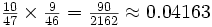 \begin{matrix} \frac{10}{47} \times \frac{9}{46} = \frac{90}{2162} \approx 0.04163 \end{matrix}