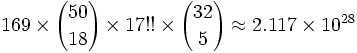 169 \times {50 \choose 18} \times 17!! \times {32 \choose 5} \approx 2.117 \times 10^{28}