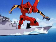 Neon Genesis Evangelion. Eva Unit 02 crouching on a battle cruiser