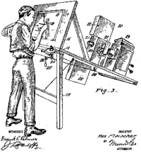 Patent drawing for Fleischer's original rotoscope. The artist is drawing on a transparent easel, onto which the movie projector at the right is throwing an image of a single film frame.