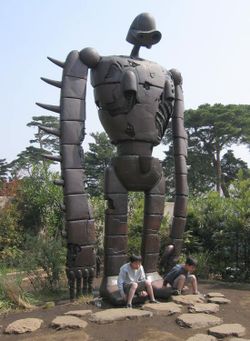 A full-size model of a robot from the animation Castle in the Sky on top of the Ghibli Museum in Mitaka, Tokyo.