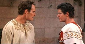 Judah Ben-Hur (Charlton Heston) and Messala (Stephen Boyd) in the film adaptation of Ben-Hur (1959).  Heston is the actor most frequently associated with epic films, having appeared in dozens over the course of his career.