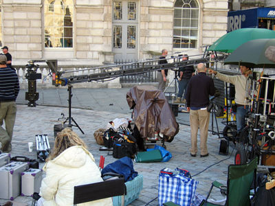 Film crew and equipment on a location shoot.