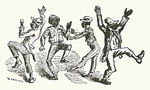 To conclude the walkaround, the semicircle disbanded and the performers danced together. Detail from a playbill of the Bryant's Minstrels, 19 December 1859.