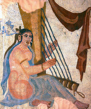 Sassanid mosaic excavated at Bishapur depicting player and a harp. Artifact is kept at The Louvre.