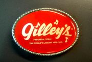 A vintage belt buckle from Gilley's, a large honky tonk featured in the movie Urban Cowboy.