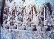 Women playing harp while the Sassanid king is hunting, Taq-e Bostan, Iran.