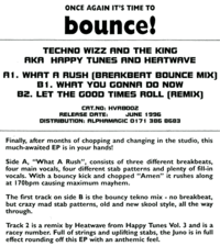 Music press release highlighting the evolution of bouncy techno in England with and without breakbeat hardcore traits in 1996