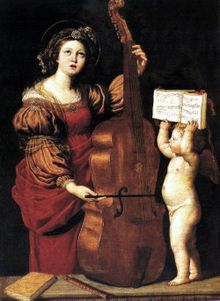 A putto holds the score for Saint Cecilia in Domenichino's painting of 1617-18 (Louvre Museum)