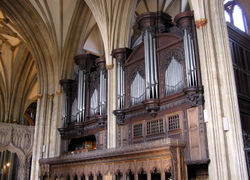 The organ of Bristol Cathedral, Bristol, England. Many of the pipes date back to 1685, although the organ has been rebuilt many times since then.