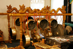 A gong collection in a Gamelan assembly of instruments - Indonesian Embassy Canberra