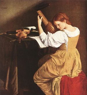 Orazio Gentileschi's young lutenist, painted ca 1626, plays a 10-course lute, typical of the time from around 1600 AD through the 1630s. Music stands appear very rarely in paintings of the period  the music is most commonly laid flat on a table, as seen here.