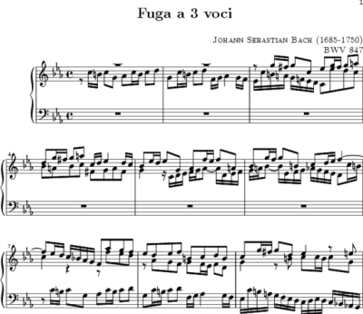 Sample of common musical notation (J.S. Bach's Fuga a 3 Voci, typeset in LilyPond.