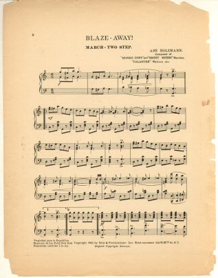 "Blaze Away! March" by Abe Holzmann, written in military march format.