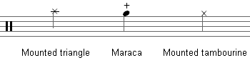 Mounted triangle: leger-line high C with X. Maraca: high-B +. Mounted tambourine: high-B X through notehead.