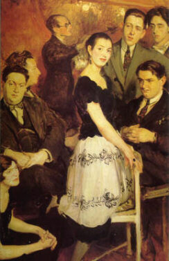 Le Groupe des Six, 1922, by Jacques-Emile Blanche. In the center, pianist Marcelle Meyer; from bottom to top: Germaine Tailleferre, Darius Milhaud, Arthur Honegger, Louis Durey; on the right: Georges Auric, Francis Poulenc, Jean Cocteau.